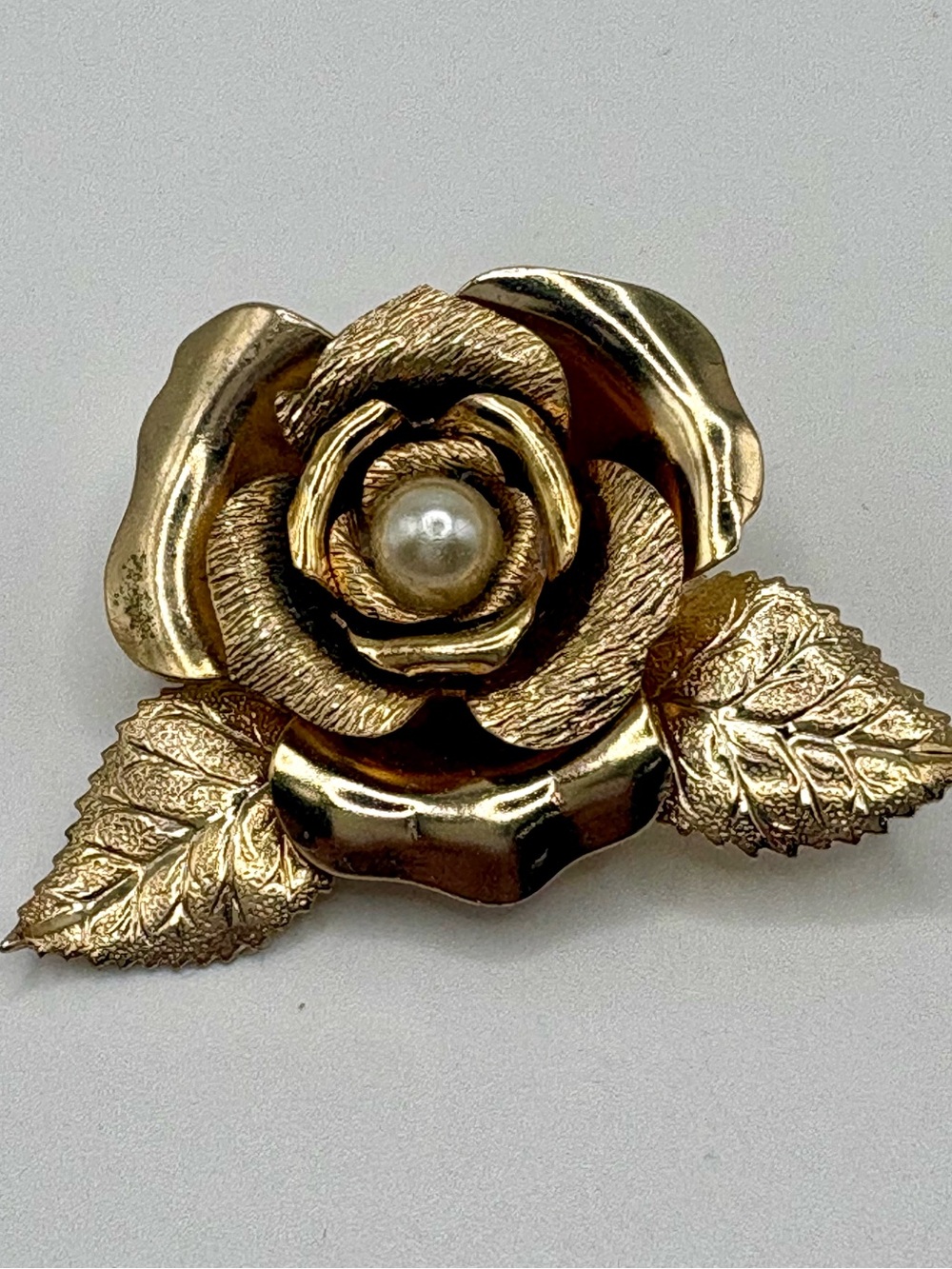 Vintage 1960s Gold Tone Rose Brooch Faux Pearl Dimensional Floral Pin